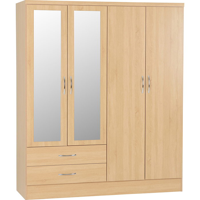 Nevada 4 Door 2 Drawer Mirrored Wardrobe In Sonoma Oak Effect